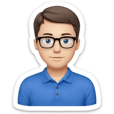 Scott The WozYoung white man, late 20s, short brown hair, blue eyes, clean-shaven, thin black rectangular glasses, slim build, wearing a blue polo shirt, friendly and energetic look. sticker