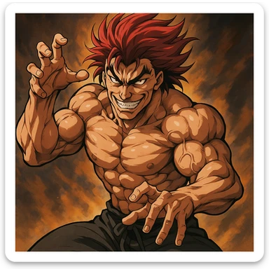 Yujiro Hanma, muscular anime character with red spiky hair, menacing grin, martial arts pose, style 4 sticker