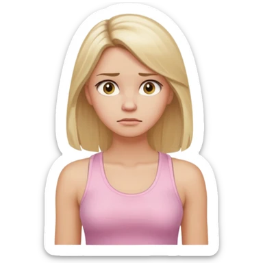 Create a young woman with long blonde hair, golden eyes, and medium-light skin tone, wearing a light pink tank top and leggings. She should be in portrait mode, but with a subtle doubting facial expression—slightly raised eyebrow, small frown, .  and her hand next to her chin like this emoji 🤔 sticker