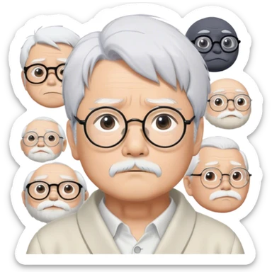 ​Cinematic Realistic Portrait of Hayao Miyazaki, depicted with striking white hair, defined black eyebrows, and large rectangular glasses, his thoughtful expression rendered in lifelike detail against a background of whimsical Studio Ghibli-inspired sketches, illuminated with soft, realistic lighting that emphasizes his creative genius, sticker