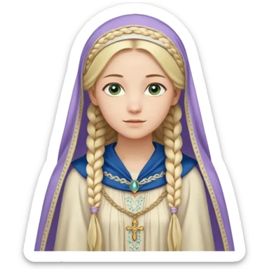 Joven de unos 30 años, de aspecto dulce y elegante.
Piel clara, ojos (pueden ser azules o verdes)
Rubio o castaño claro, largo, con trenzas o velo.
Vestido largo de tonos suaves (blanco, azul o lavanda), con bordados dorados; un manto o toca fina cubriendo la cabeza. Haz todo el cuerpo sticker