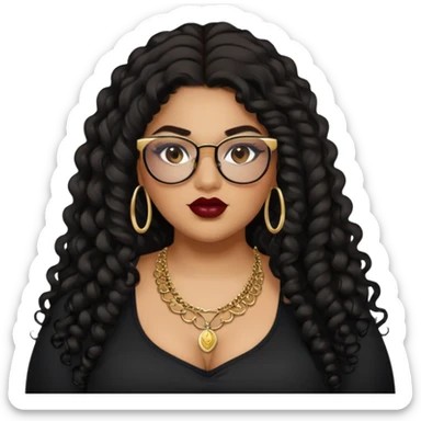 teen big plus size, latina, darker tan skin, gold jewelry, long black curly hair, baddie,pretty, makeup, dark red lipgloss, black eyeliner, long hair, black top, black glasses sticker