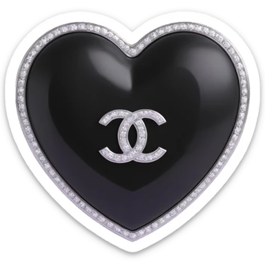 Remove the pearls, keep only the glossy black heart with a diamond accent and silver Chanel logo, elegant, black and white color scheme, keep the background transparent. sticker