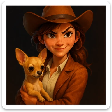 Portrait of a rebellious and mischievous expression woman cowboy, cream shirt, cognac color jacket, freckles, tanned skin, hazel eyes, hair with auburn highlights, holding an adorable beige-brown chihuahua in her arms, dark background, Pixar art style, bright illustration, big expressive eyes, vivid colors sticker