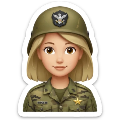 Female soldier emoji in Apple style, no cap/helmet, bust portrait, gentle smile, generic camo, hair visible, soft gradients, transparent PNG sticker