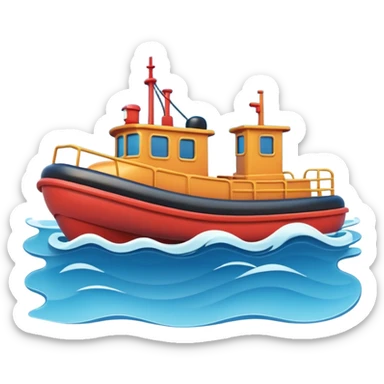A 3D cartoon tugboat towing another boat on calm blue water, soft waves, clear sky, Memoji-style. sticker