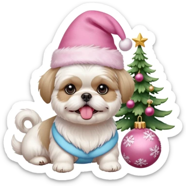 one white all over little shih tzu dog short hair with tongue hanging out sitting with light pink christmas hat sitting next to pink ornament sticker