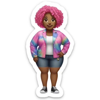 Plus size black woman with pink curly hair and a tie dye jacket  sticker