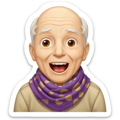 An elderly man with scarf and wrinkles, shouting joyfully despite missing a few teeth. sticker