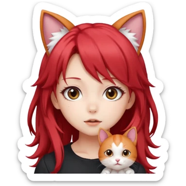 cute anime girl with cat ears, red blowing hair sticker