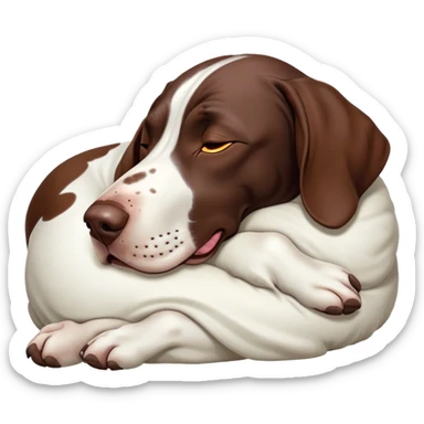 Cinematic Meme-Worthy Chubby Sleeping German Pointer Portrait Emoji, Head resting peacefully with a contented smile, showcasing a delightfully chubby build and a luxuriously soft liver and white coat, eyes shut in a serene nap, Simplified yet hilariously adorable features, highly detailed, glowing with a soft, drowsy light, high shine, relaxed and utterly lovable, stylized with an air of playful laziness, bright and heartwarming, soft glowing outline, capturing the essence of a comically sleepy hunter, so meme-worthy it feels like it could instantly become the next viral sensation of adorable slumber! sticker