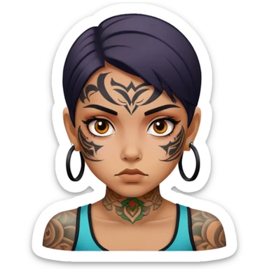 girl with bold face tattoos, serious expression sticker