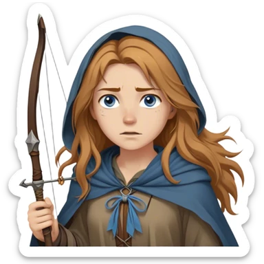A young human woman with long, unkempt golden-brown hair, piercing blue-gray eyes filled with quiet determination. Dressed in a worn tunic and a tattered cloak, her calloused hands grip a bow, a hunter surviving against the odds. sticker