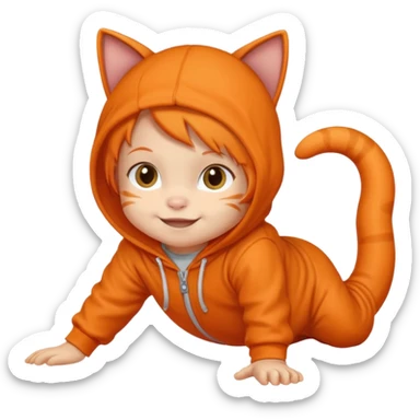 little kid Toddler in orange cat hoodie, crawling pose sticker