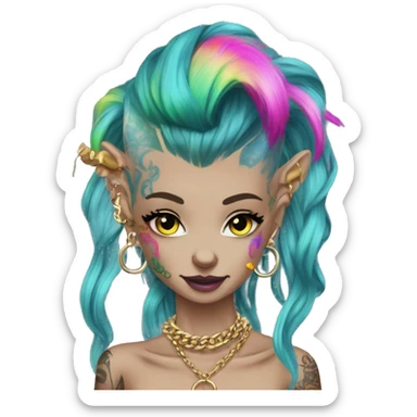 Punk Chinese crested neon rainbow hair gold chain piercings tattoos ear piercings sticker