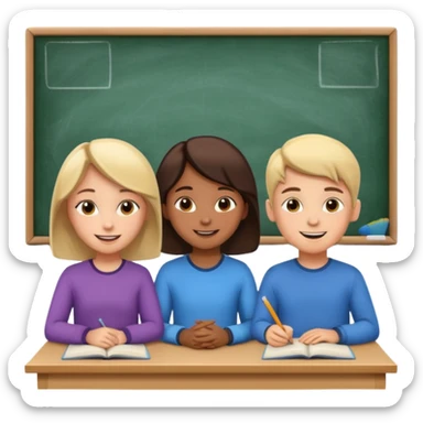 a group of students of both genders (boy and girl) talking to each other quietly in a classroom (let them face each other) sticker