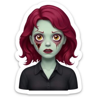 Faça me um emoji de um zumbi mulher de cabelos vermelho borgonha ondulado usando uma blusa preta sticker
