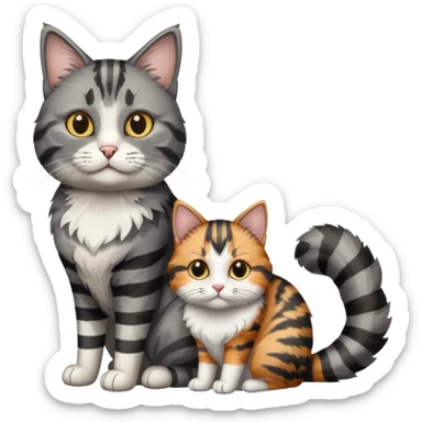 A grey tabby cat with dark grey stripes sitting next to a calico cat  sticker