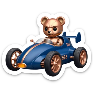 Real-proportional dark blue and rosegold-accented  retro racing car driven by furry-faced  evil alien scary robot teddy bear with rear spoiler (Star Wars style) sticker