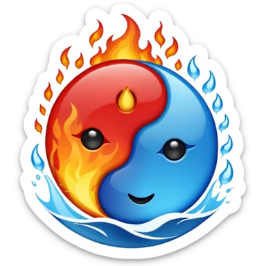 The fire and water emojis are in the form of the yin-yan symbol in front of a completely black background. sticker