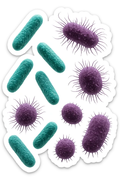 5 BATTERI BUONI E 5 BATTERI CATTIVI FLUTTUANO IN ARIA, I BATTERI BUONI FALLI TURCHESI, I BATTERI CATTIVI FALLI VIOLA, IPERREALISTICO 4K, NON DISEGNATO sticker