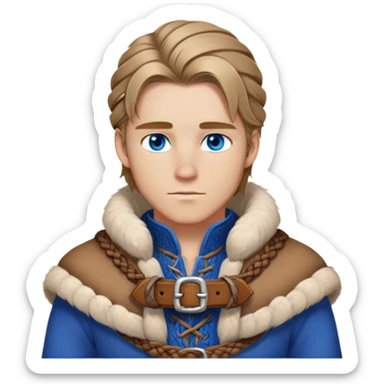 Medieval winter outfit worn by a DnD themed fantasy male character. Double-thick russet wool tunic with mink fur trim, featuring carved wooden toggles and a wide braided leather belt. Clothes only above the waist, full waist coverage. The character has no arms. Character is white-skinned with dark blonde hair, sapphire blue eyes, and medium-length straight hair touched by winter frost. sticker