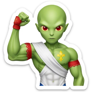 Green alien in Shirt 👚 vyshyvanka, white with red embodiary on sleeved, with 🇺🇦 Ukraine flag in a hand and 💪 sticker