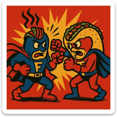 Add superhero costumes to the fajita and taco as they wrestle in a bold outlined comic style, keep the background as is. sticker