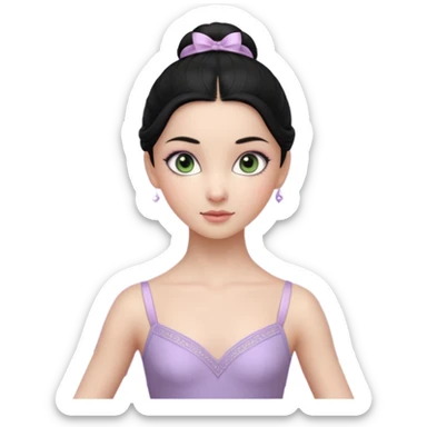 Cinematic Realistic ballerina Light Purple Portrait, depicted with lifelike skin texture, subtle rosy undertones, and soft natural lighting that enhances the gentle contours of her face. Her intricately detailed sweet black hair is elegantly styled, green eyes sticker