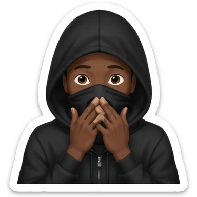 fait un homme noir avec une cagoule noir qui couvre sa tête, ses mains doivent être sur sa bouche comme si il se la cachait  sticker
