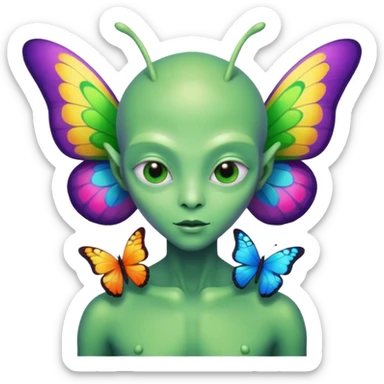 an alien with butterflies on hand sticker