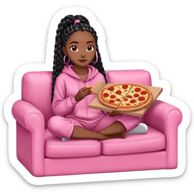 A dark-brown-skinned Black woman with black box braids, sitting on a pink couch, holding an open pizza box.She’s wearing comfy loungewear, looking relaxed and enjoying her food. sticker