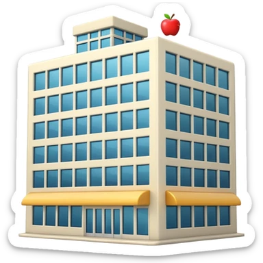 3D emoji-style icon of a modern office building with visible workers inside, Apple iOS style, soft lighting, glossy finish, white background sticker