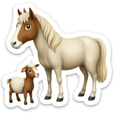 Icon for Domestic Hooved Animals: A gentle collage featuring a horse with a flowing mane, a brown goat with large, curious eyes, a calm sheep with soft wool. Background with a green pasture and a few hay bales. Transparent background. sticker