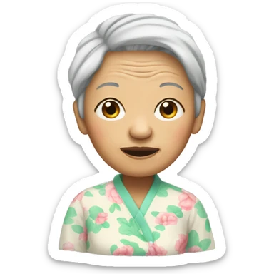An  elderly  Asian  woman  in  pajamas  with  wrinkles. sticker