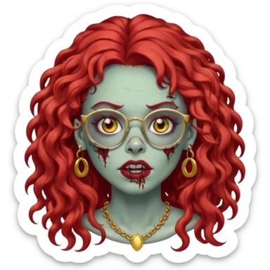 zombie with long red curly hair, thick lashes, black glasses, gold nose piercings on each side of her nose, and a gold eyebrow piercing. sticker