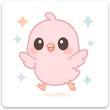 a cute pink chick, original design, big eyes, blushing cheeks, joyful, jumping in the air with sparkles sticker