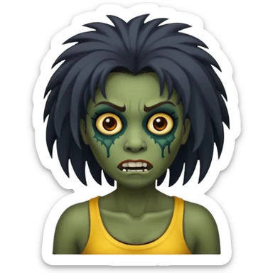 Faça uma mulher zumbi com o cabelo cacheado médio, e uma franja cacheada sticker