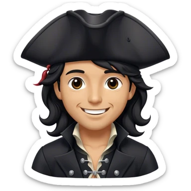 A charismatic pirate with wavy black hair, wearing a black tricorn hat and a sleek black coat with silver buttons, smiling confidently. sticker