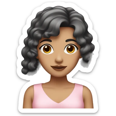 White woman with long black curly hair and bangs and dark brown eyes, wearing a pastel pink dress sticker