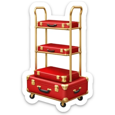 Luggage cart: A polished gold luggage cart with a red carpet base, neatly stacked with suitcases. sticker
