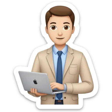 business owner confidently, holding a closed laptop in one hand and a takeaway coffee cup in the other. The character wears casual-smart clothes. sticker
