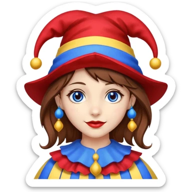 a girl A classic two-armed jester's hat with red and blue stripes, a yellow brim, and small yellow bells on the tips. brown hair blue and red eye's

 sticker