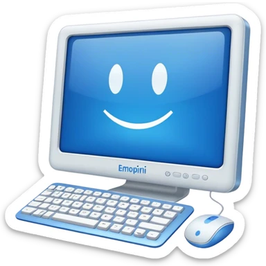 The computer has a blue screen and a lot of writing in white color. sticker
