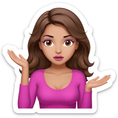 girl with long wavy brown hair, brown eyes, long lashes makeup, sexy pink lips, light to medium complexion, pink sexy top, shrugging with both hands, confused sticker