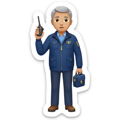 Security, Middle-aged, wearing navy blue jacket, serious facial expression, holding walkie-talkie, full body sticker