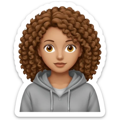 Woman, curly brown hair, hoodie, sticker