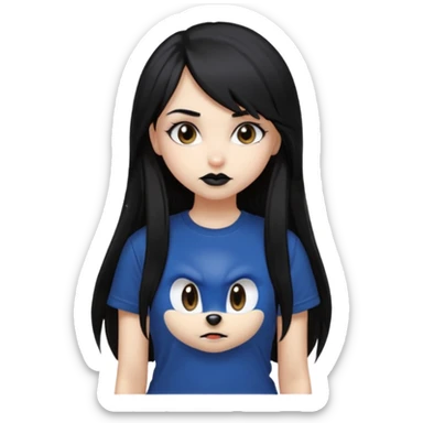 make a goth attractive girl with straight long black hair, side bangs, with brown eyes and wearing sonic clothes  sticker