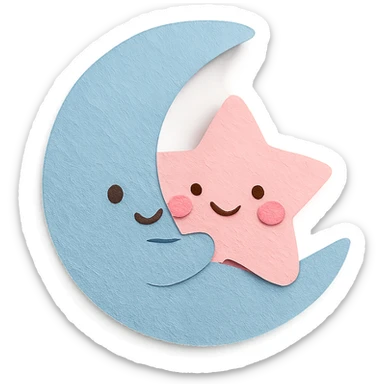 kawaii blue crescent moon hugging a pink star, soft pastel colors, no limbs, full body, paper craft style sticker