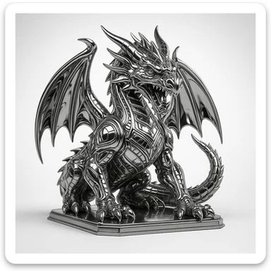 A fierce dragon in a dramatic pose, rendered in a chrome style with shiny metallic textures and reflective surfaces, 1:1 aspect ratio. sticker
